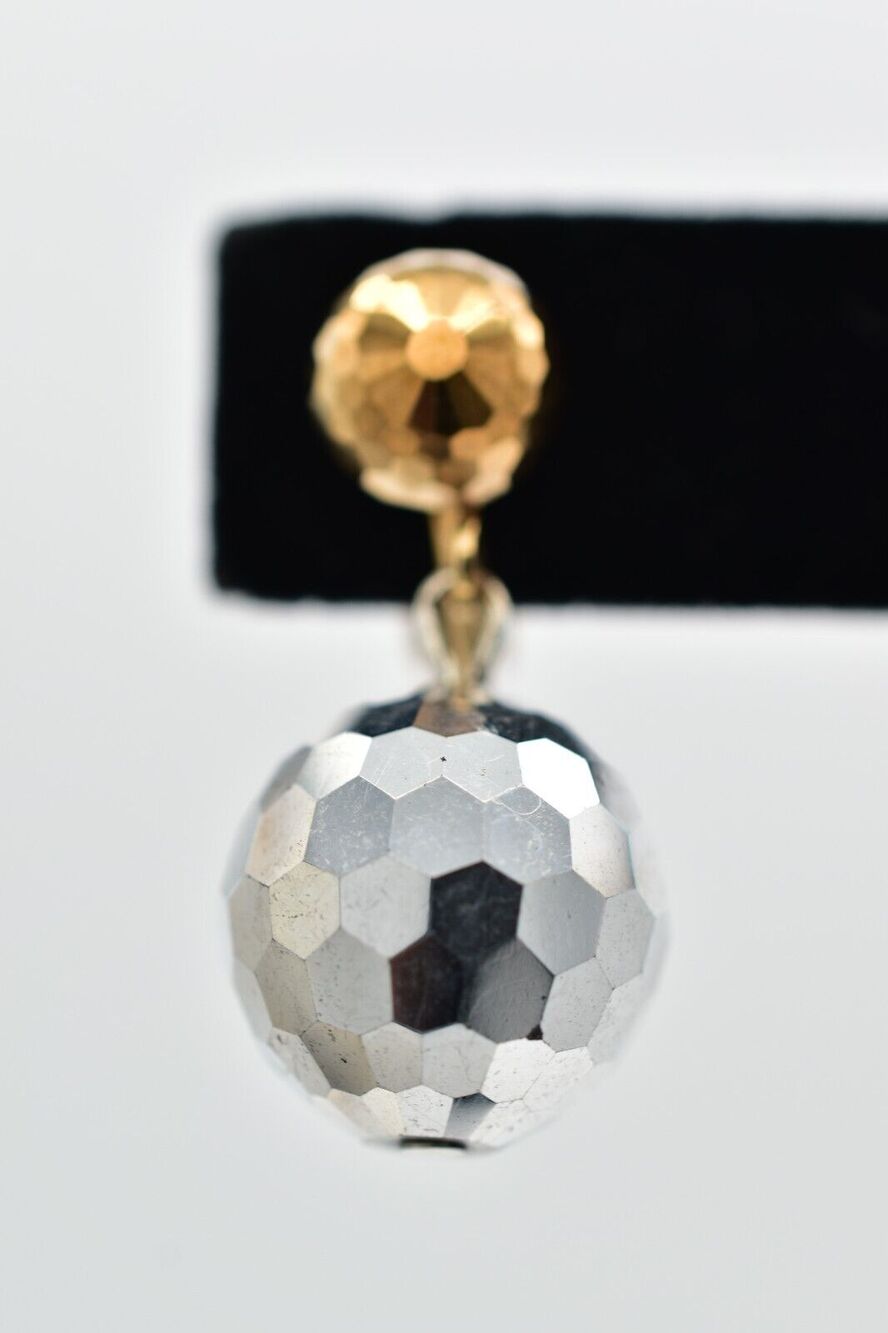 Vintage Bronze Silver Disco Ball Crystal Drop Clip On Earrings Glam 1950s A24